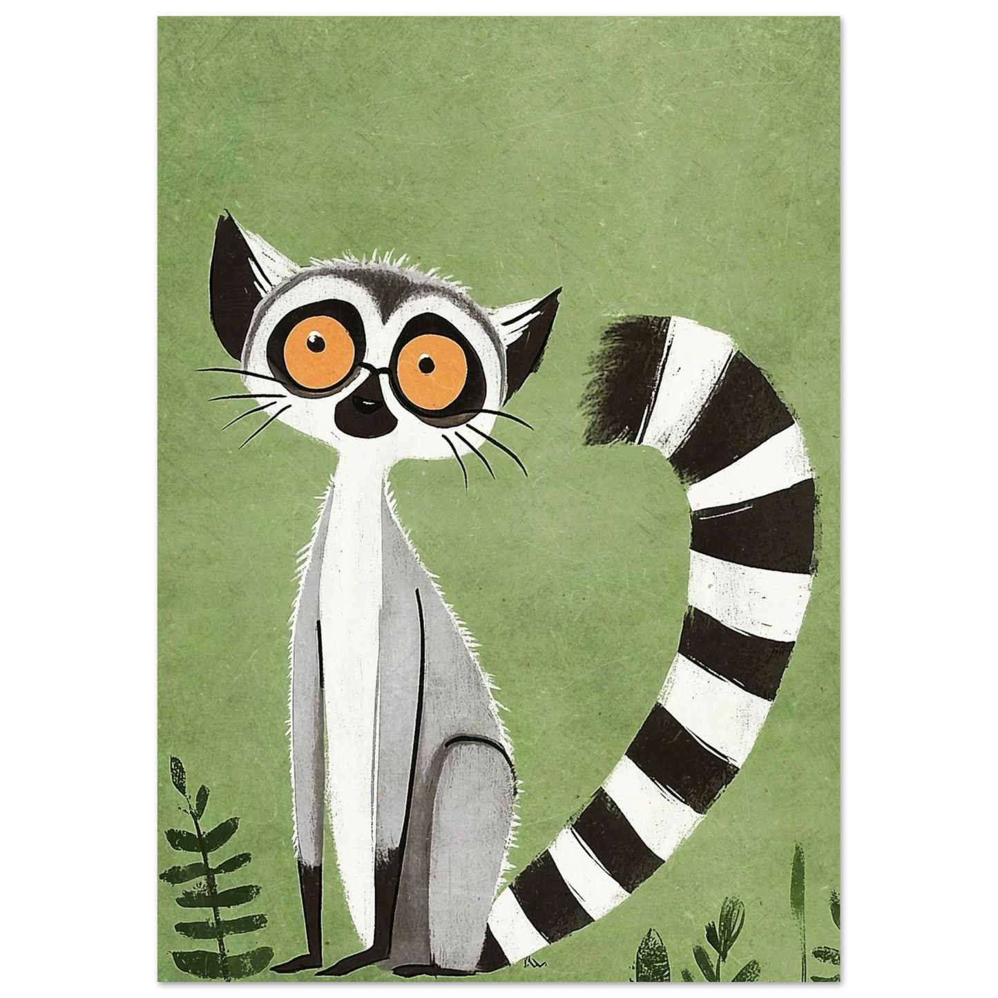 Lekfull djurposter föreställande en lemur i stiliserad konststil med gröna blad