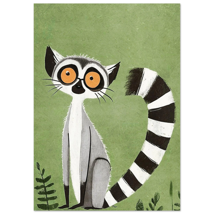 Lekfull djurposter föreställande en lemur i stiliserad konststil med gröna blad