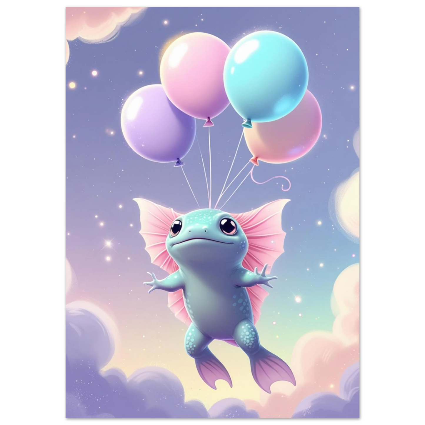 Digital illustration av en flygande axolotl omgiven av mjuka rosa moln