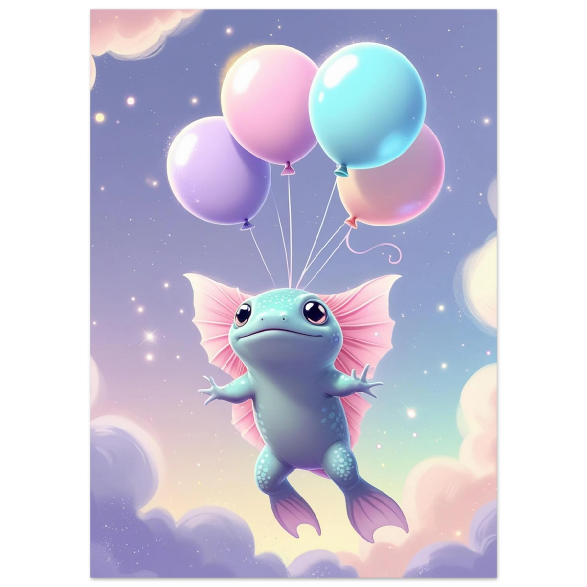 Digital illustration av en flygande axolotl omgiven av mjuka rosa moln