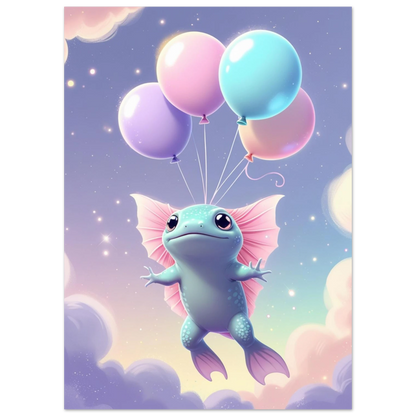 Digital illustration av en flygande axolotl omgiven av mjuka rosa moln