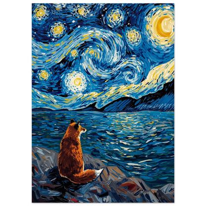 Konstnärlig rävposter med penseldrag inspirerade av Van Gogh och natthimmel