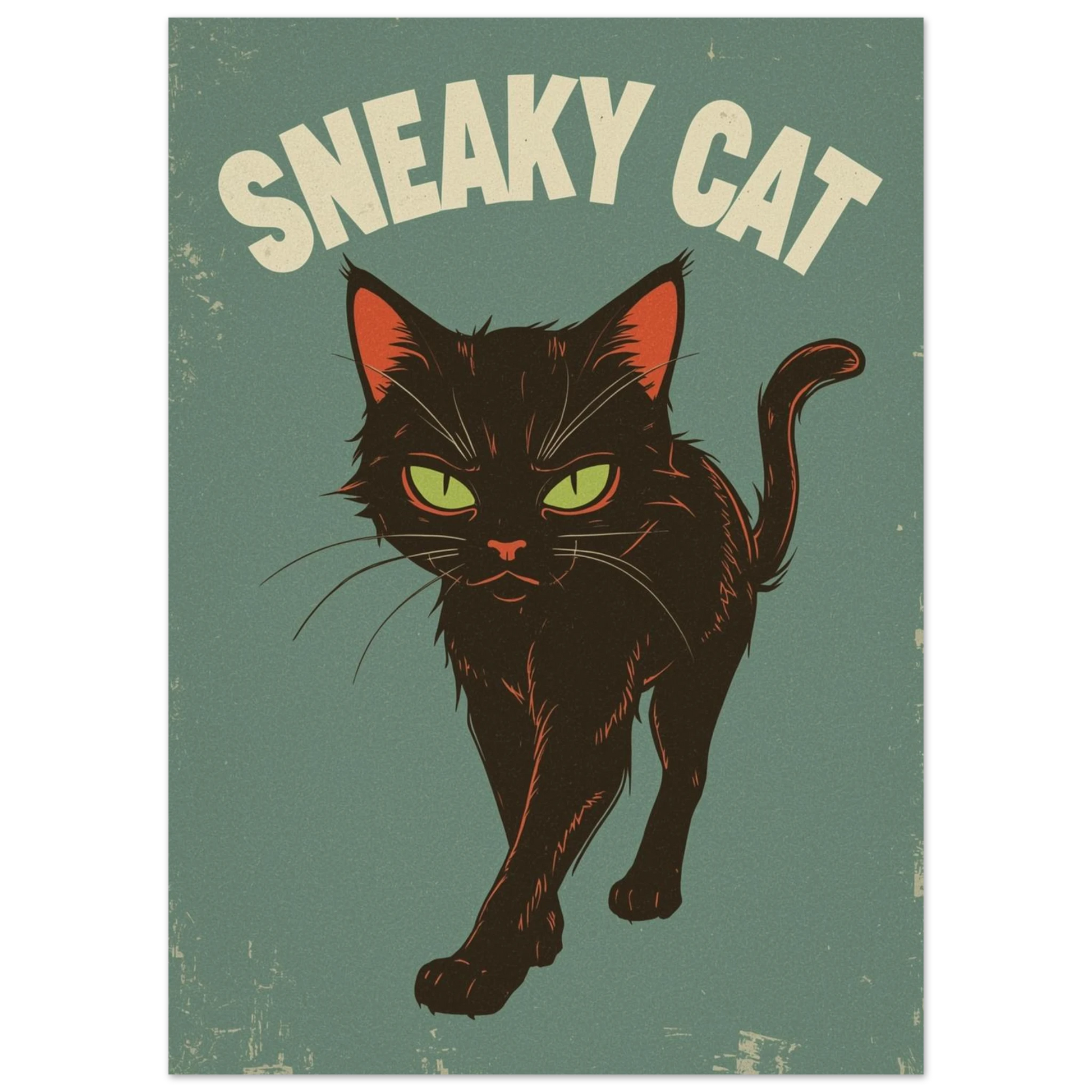 Smygande svart katt med texten Sneaky Cat, vintageinspirerad grafisk tavla