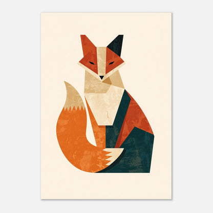 Minimalistisk djurposter med en sittande räv i abstrakt geometrisk design
