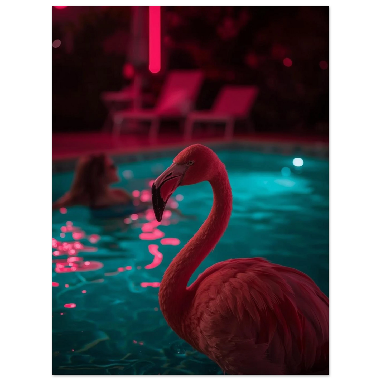 Stilren poster med flamingo i en drömlik poolmiljö med ljuseffekter