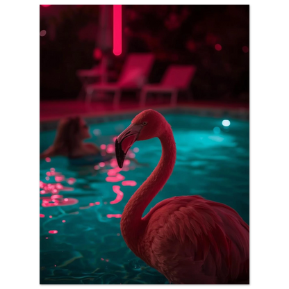 Stilren poster med flamingo i en drömlik poolmiljö med ljuseffekter