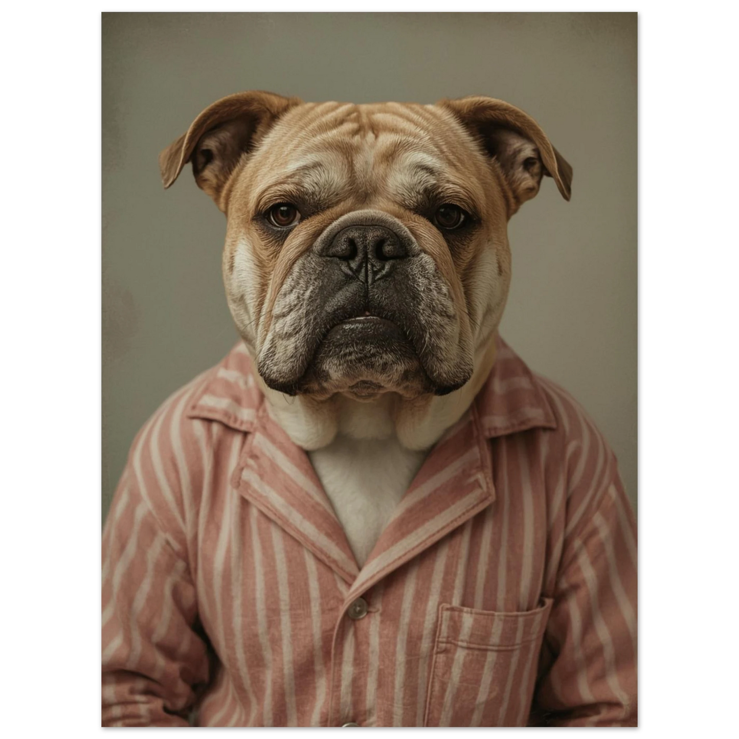 Mänskligt porträtt av bulldog i randiga nattkläder, dämpad vintage-stil
