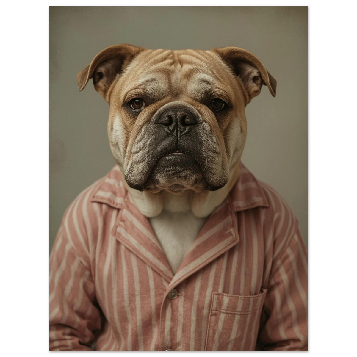 Mänskligt porträtt av bulldog i randiga nattkläder, dämpad vintage-stil