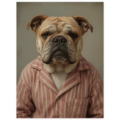Mänskligt porträtt av bulldog i randiga nattkläder, dämpad vintage-stil