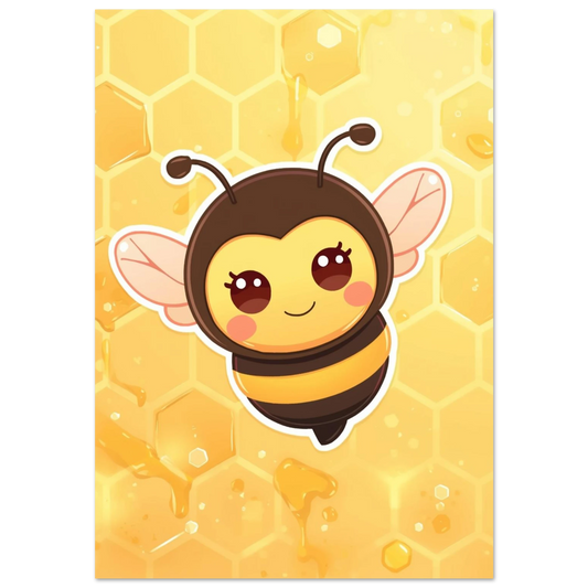 Leende bi i kawaii-stil med glittrande ögon mot honungsgul bakgrund