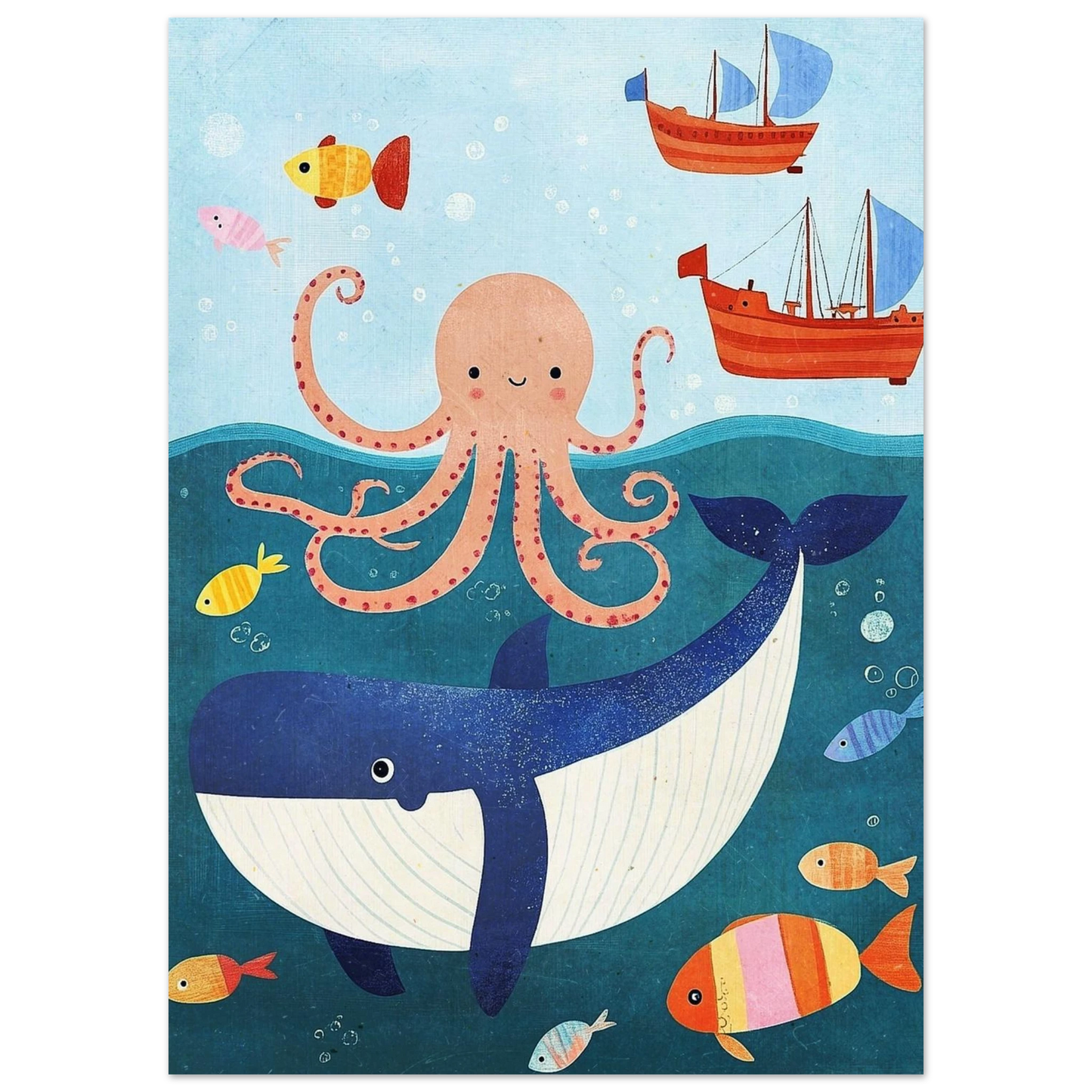Lekfull illustration av havsdjur med segelbåtar och färgglada fiskar