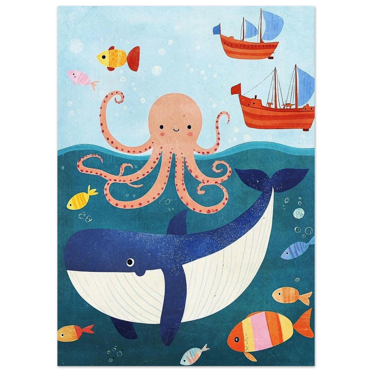 Lekfull illustration av havsdjur med segelbåtar och färgglada fiskar