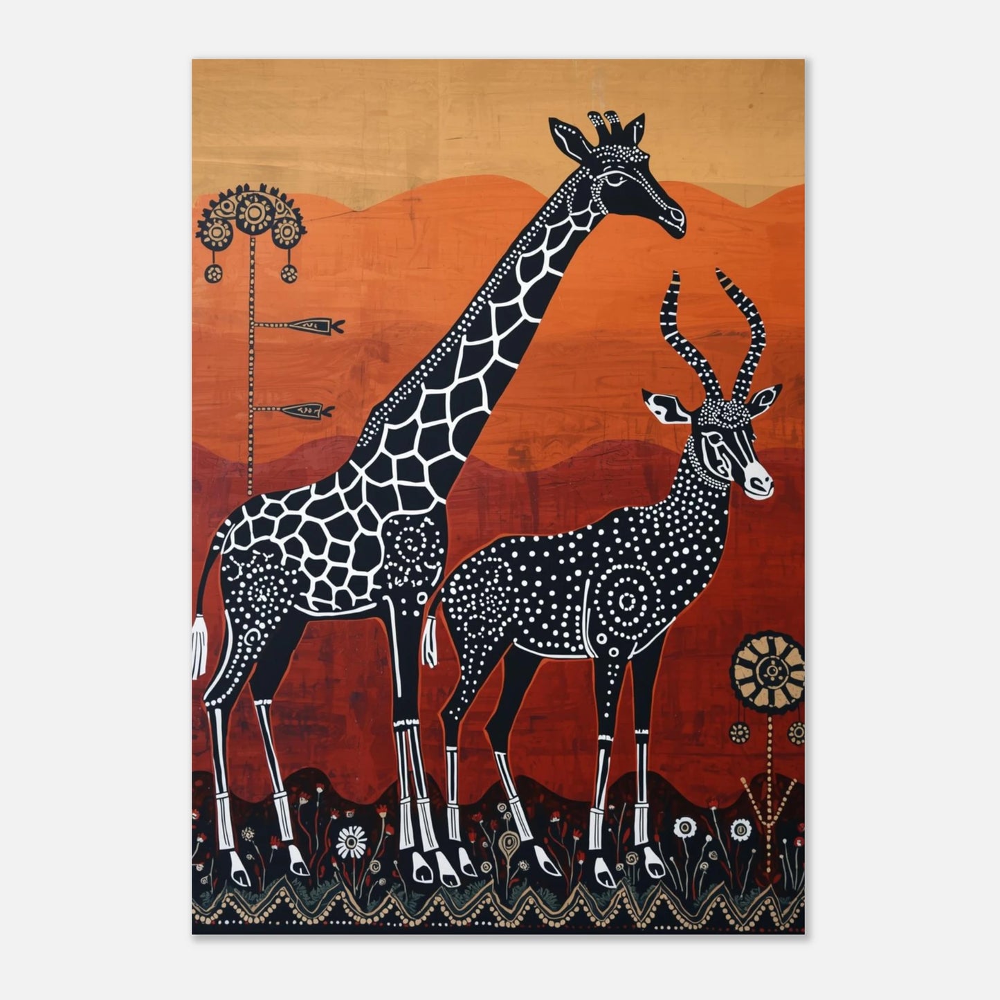 Konstnärligt print med giraff och antilop i afrikansk folkkonst för vägg