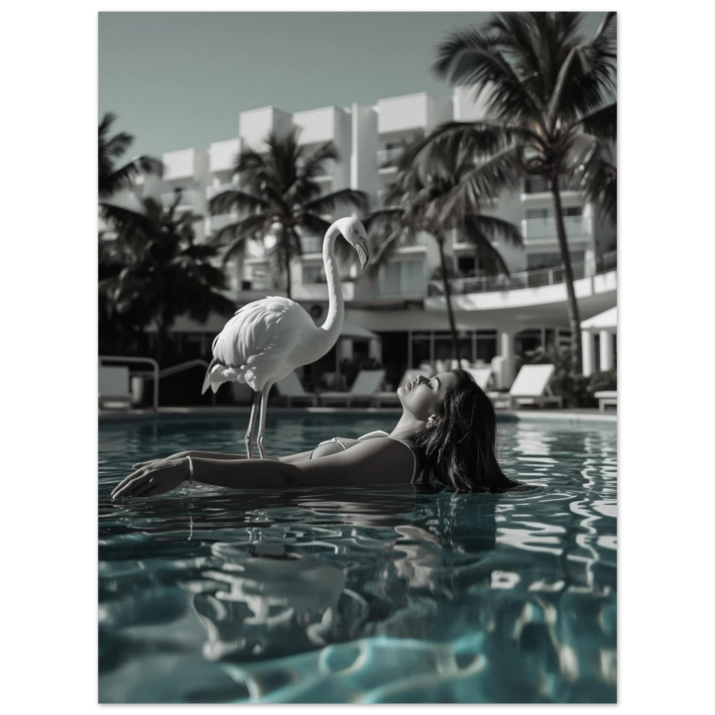 Fotokonst med vit flamingo och kvinna i pool, turkosa detaljer