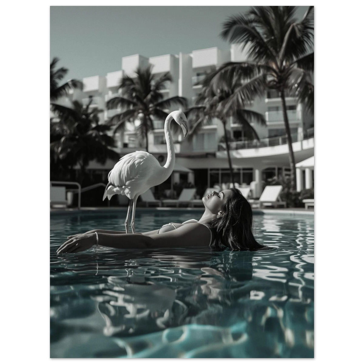 Fotokonst med vit flamingo och kvinna i pool, turkosa detaljer