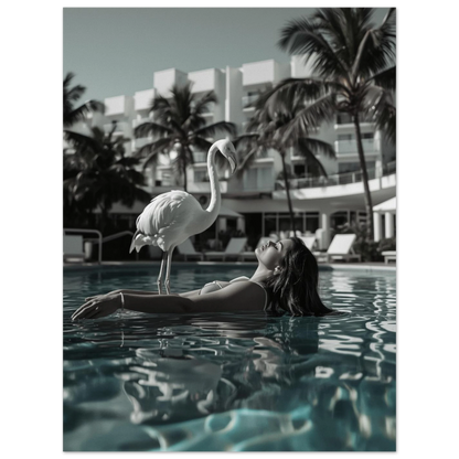 Fotokonst med vit flamingo och kvinna i pool, turkosa detaljer