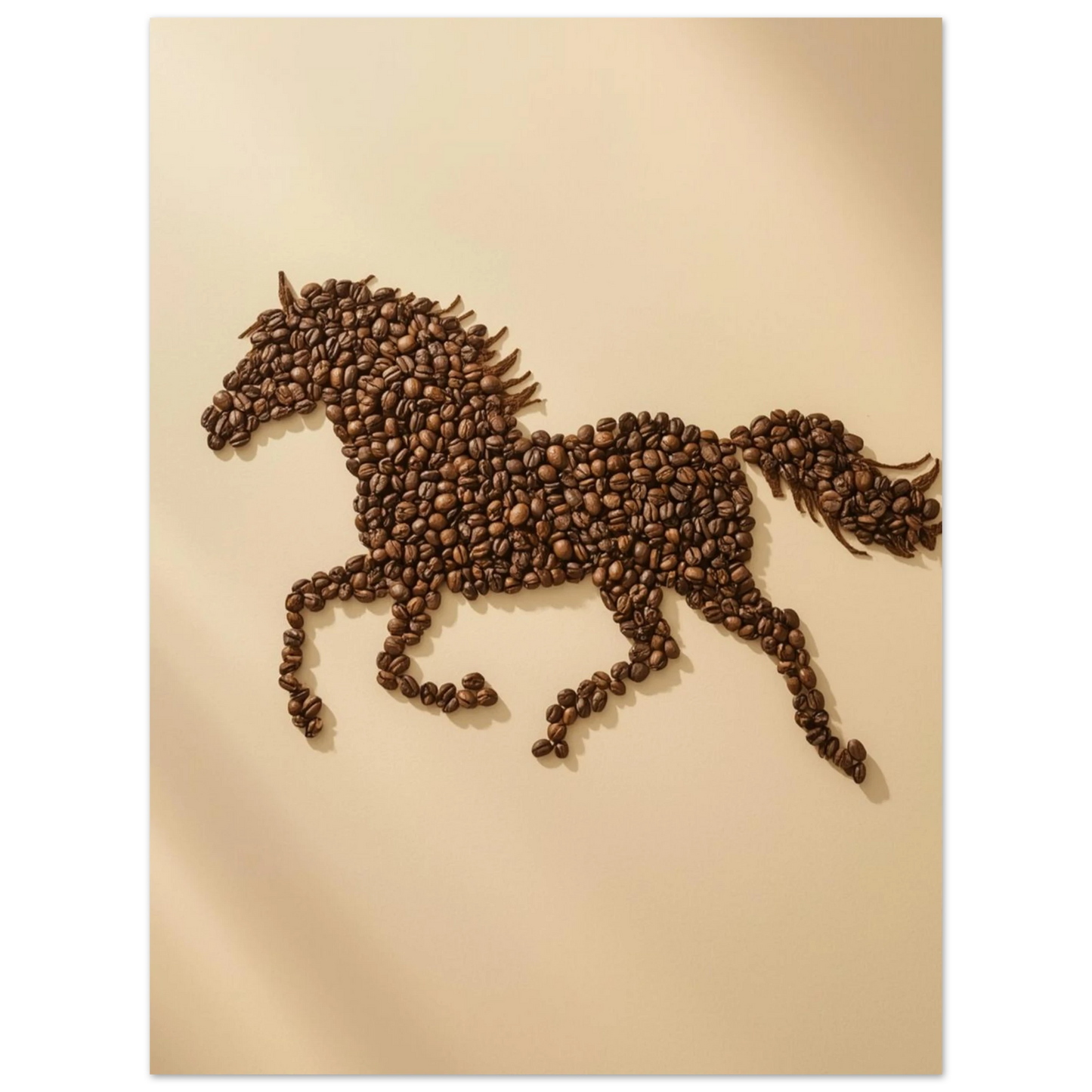 Detaljrik tavla med hästmotiv uppbyggt av kaffebönor, varm belysning