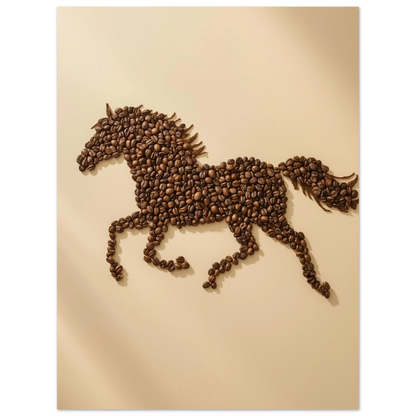 Detaljrik tavla med hästmotiv uppbyggt av kaffebönor, varm belysning