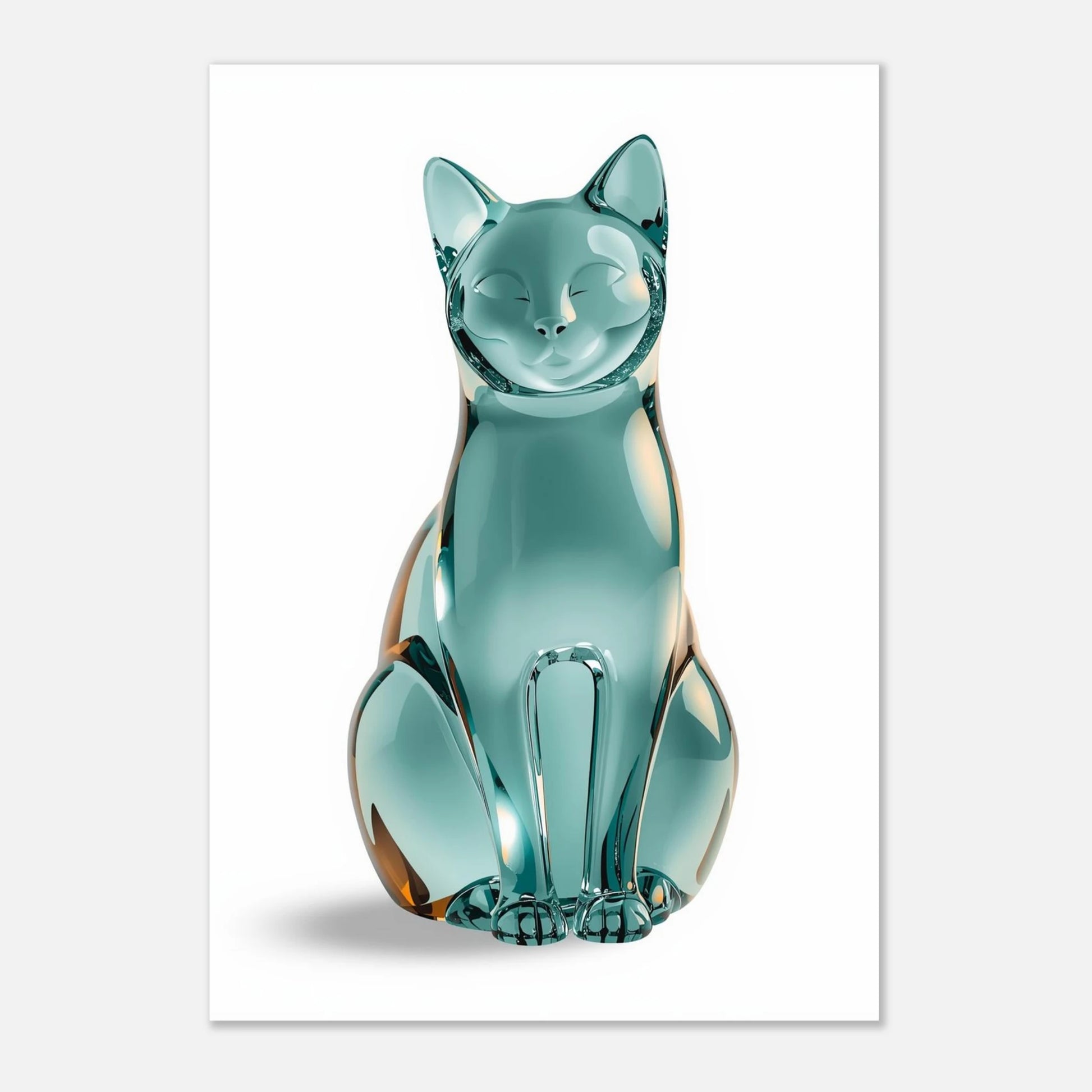 Eterisk kattposter med en genomskinlig glasskulptur mot vit bakgrund