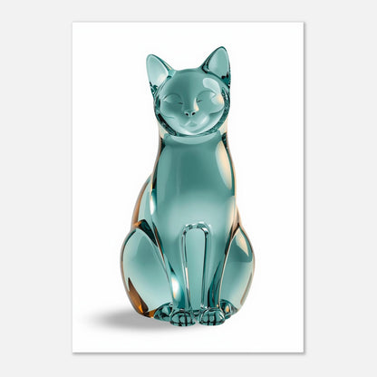 Eterisk kattposter med en genomskinlig glasskulptur mot vit bakgrund