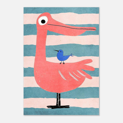 Modern poster med rosa flamingo och blå liten fågel i profil