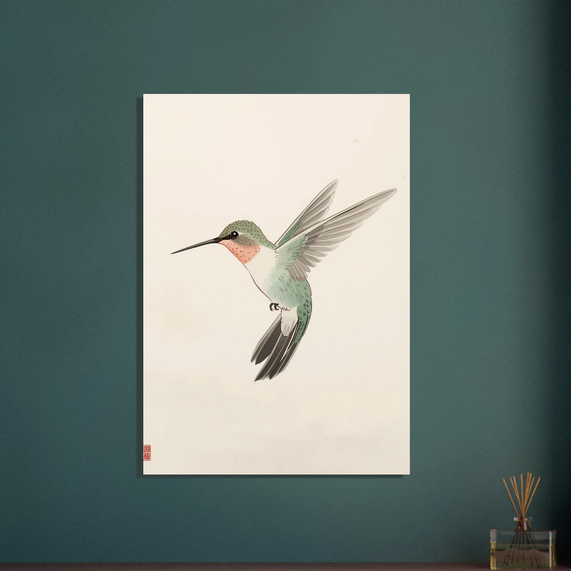 Kolibri i traditionell silkesmålning, elegant och detaljerad fågelkonst