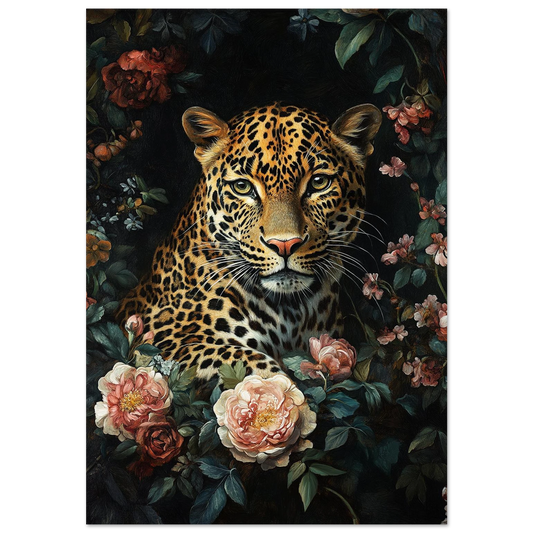 Leopard omgiven av rosa rosor och mörka blad – konstnärlig djurposter