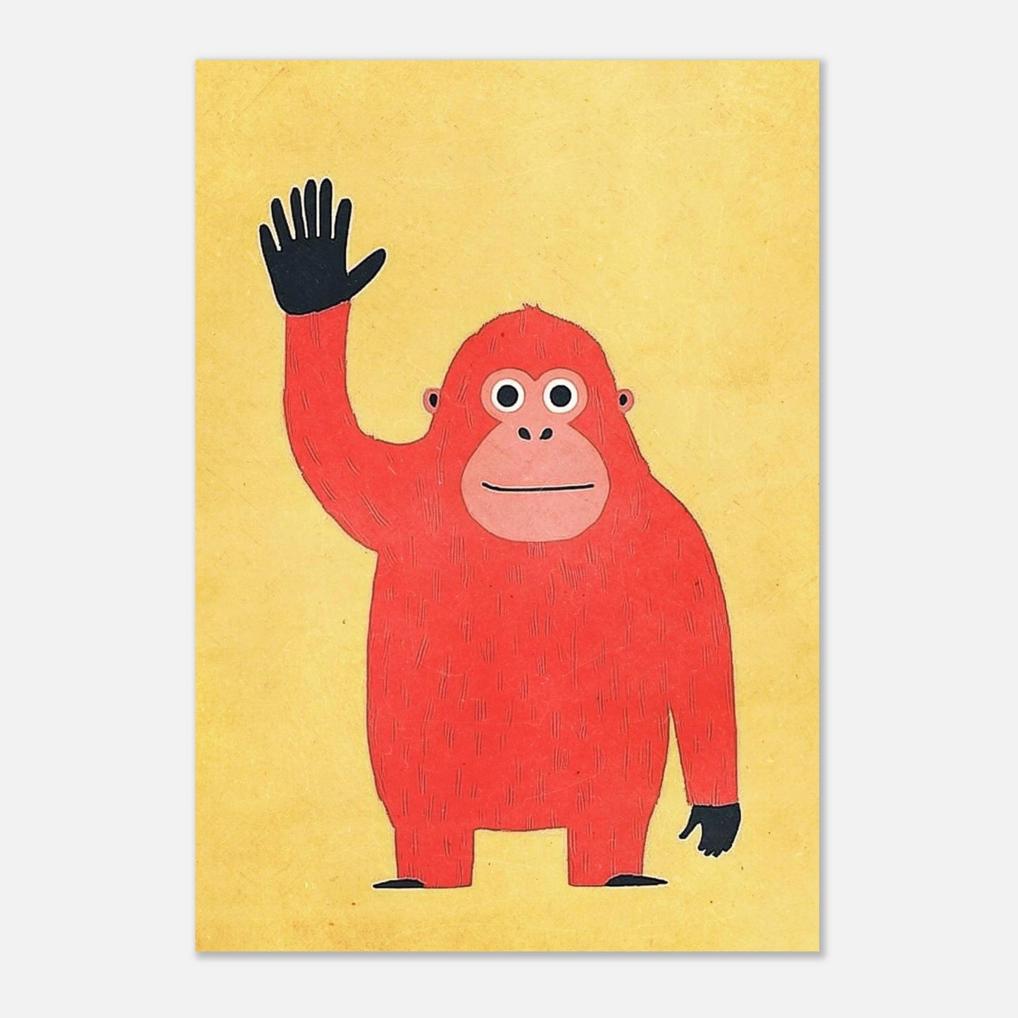 Inramad djurposter med en vinkande orangutang i modern grafisk stil