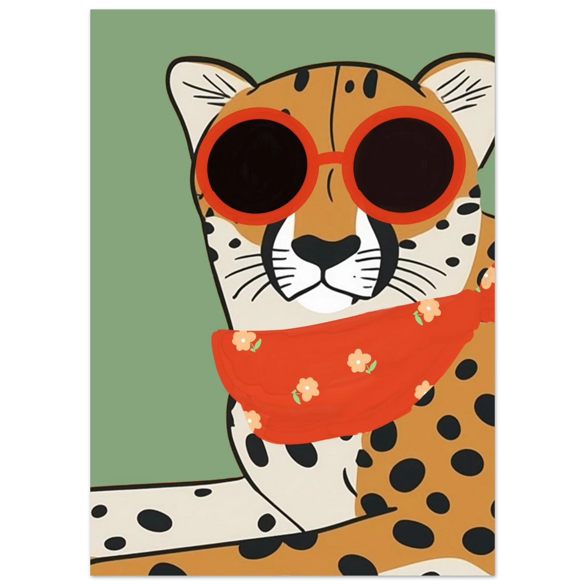 Närbild på illustrerad gepard med solglasögon och mönstrad röd halsduk