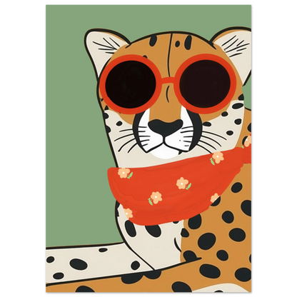 Närbild på illustrerad gepard med solglasögon och mönstrad röd halsduk