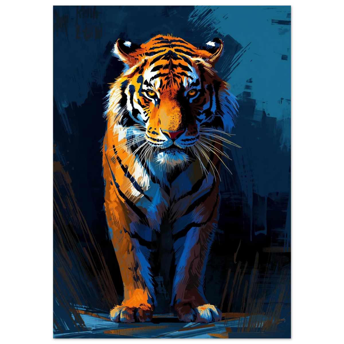 Närbild på tigeransikte i expressiv konststil med blå skuggor – tavla