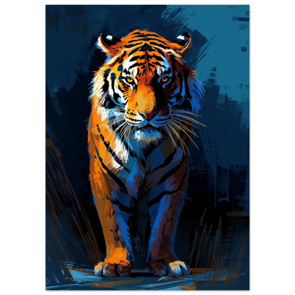 Närbild på tigeransikte i expressiv konststil med blå skuggor – tavla
