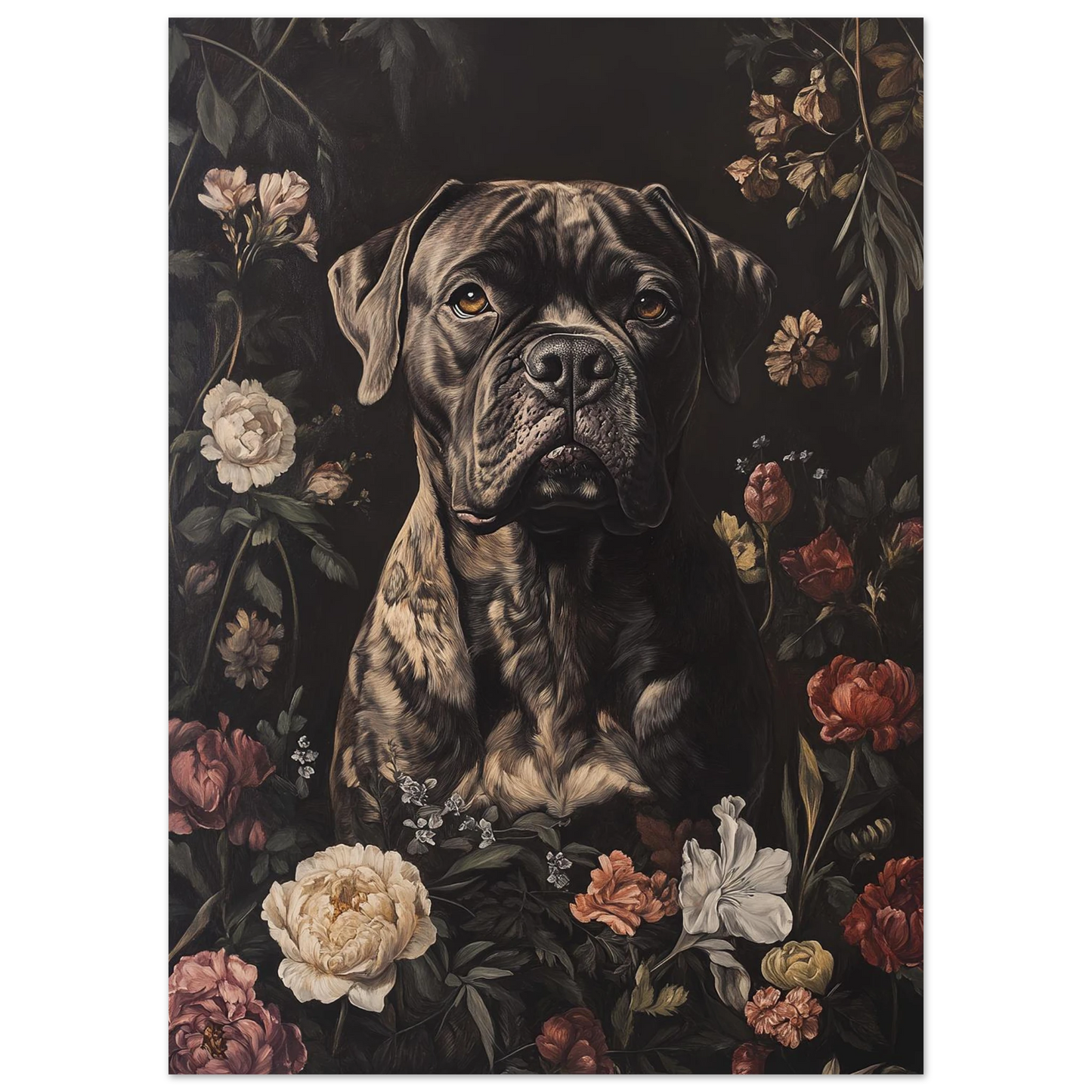 Närbild på trofast hund i blomsterarrangemang – dramatisk canvastavla