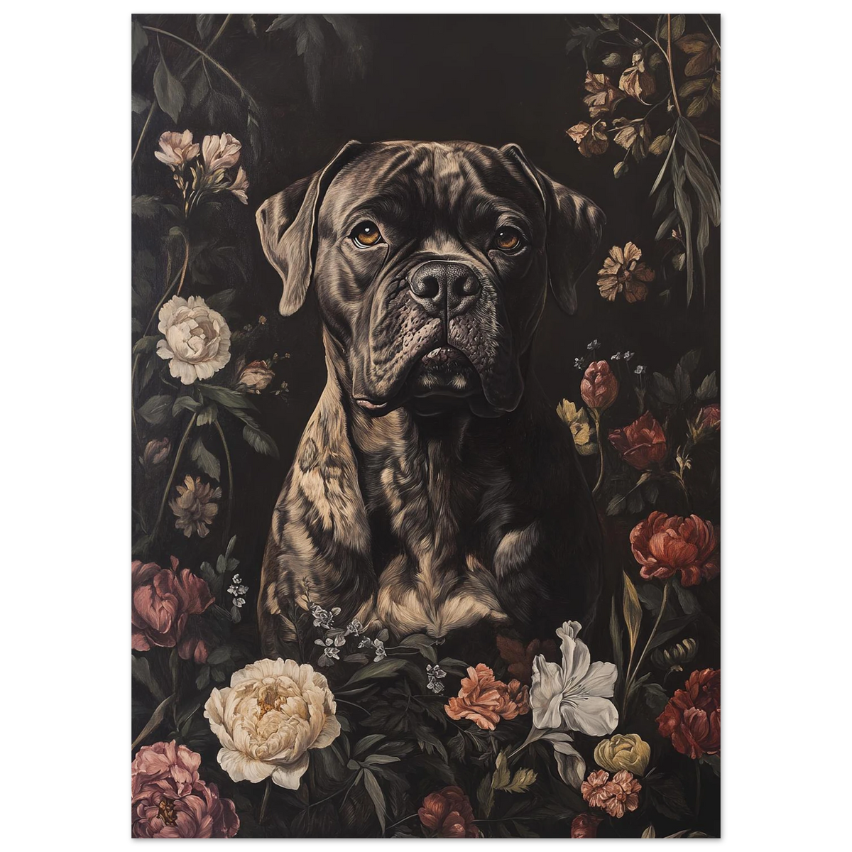 Närbild på trofast hund i blomsterarrangemang – dramatisk canvastavla