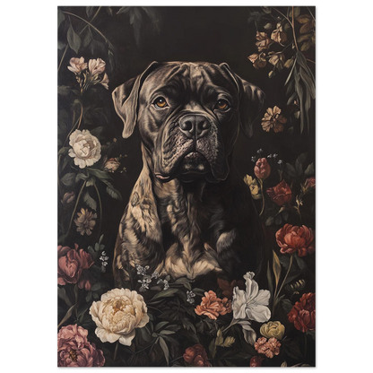 Närbild på trofast hund i blomsterarrangemang – dramatisk canvastavla