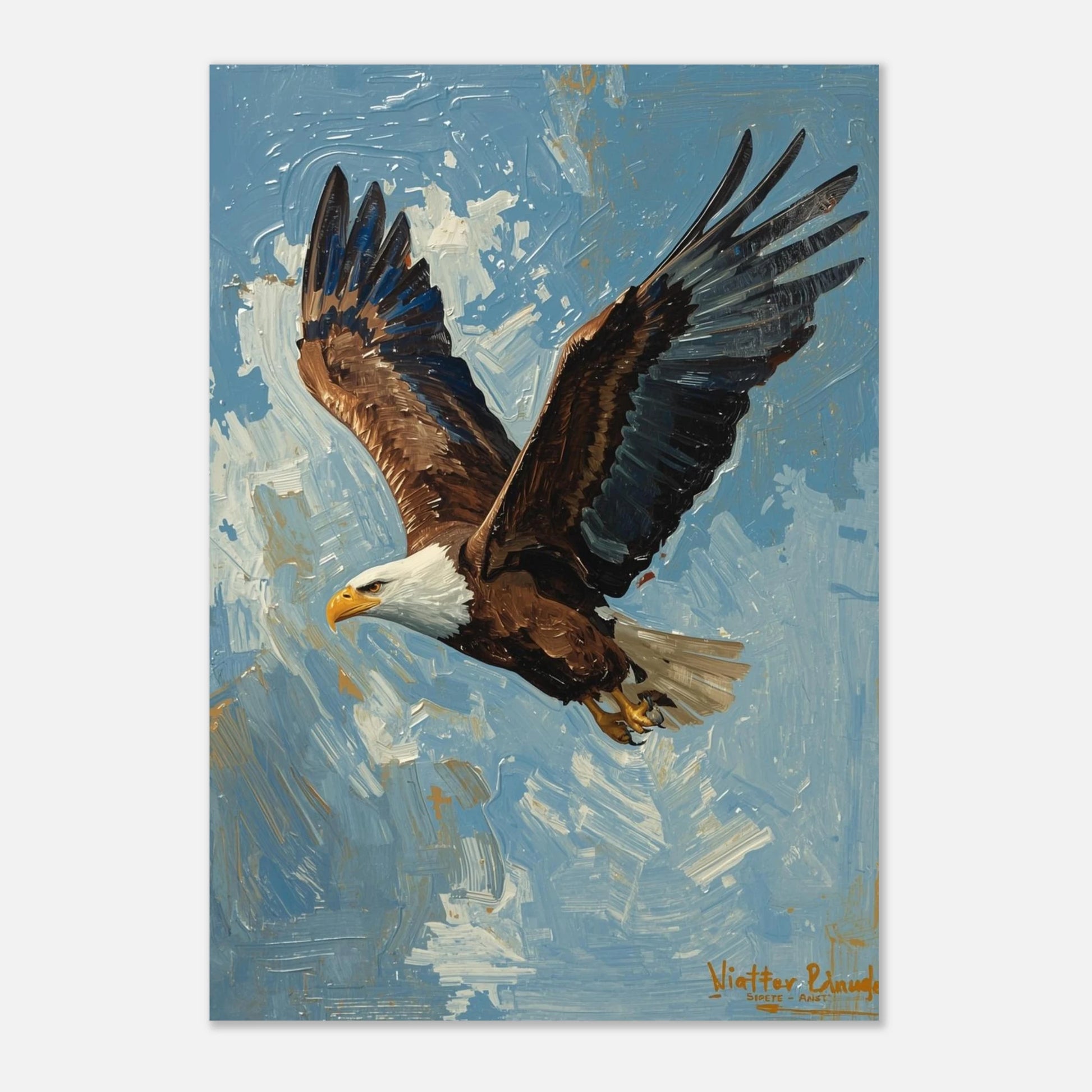 Konstnärligt print av en flygande örn i en expressiv stil med himmelsblå bakgrund