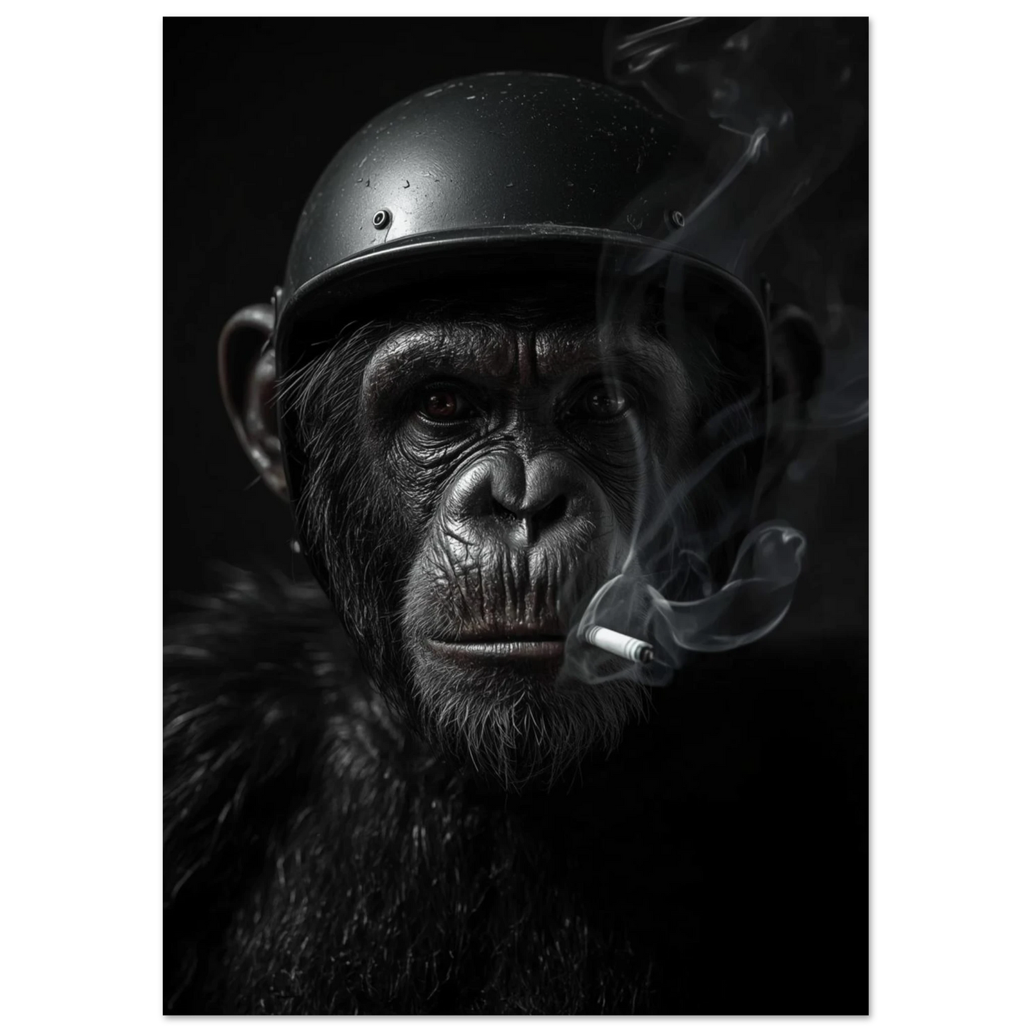 Rebellisk schimpansposter med rökutveckling och mörk bakgrund – fotokonst
