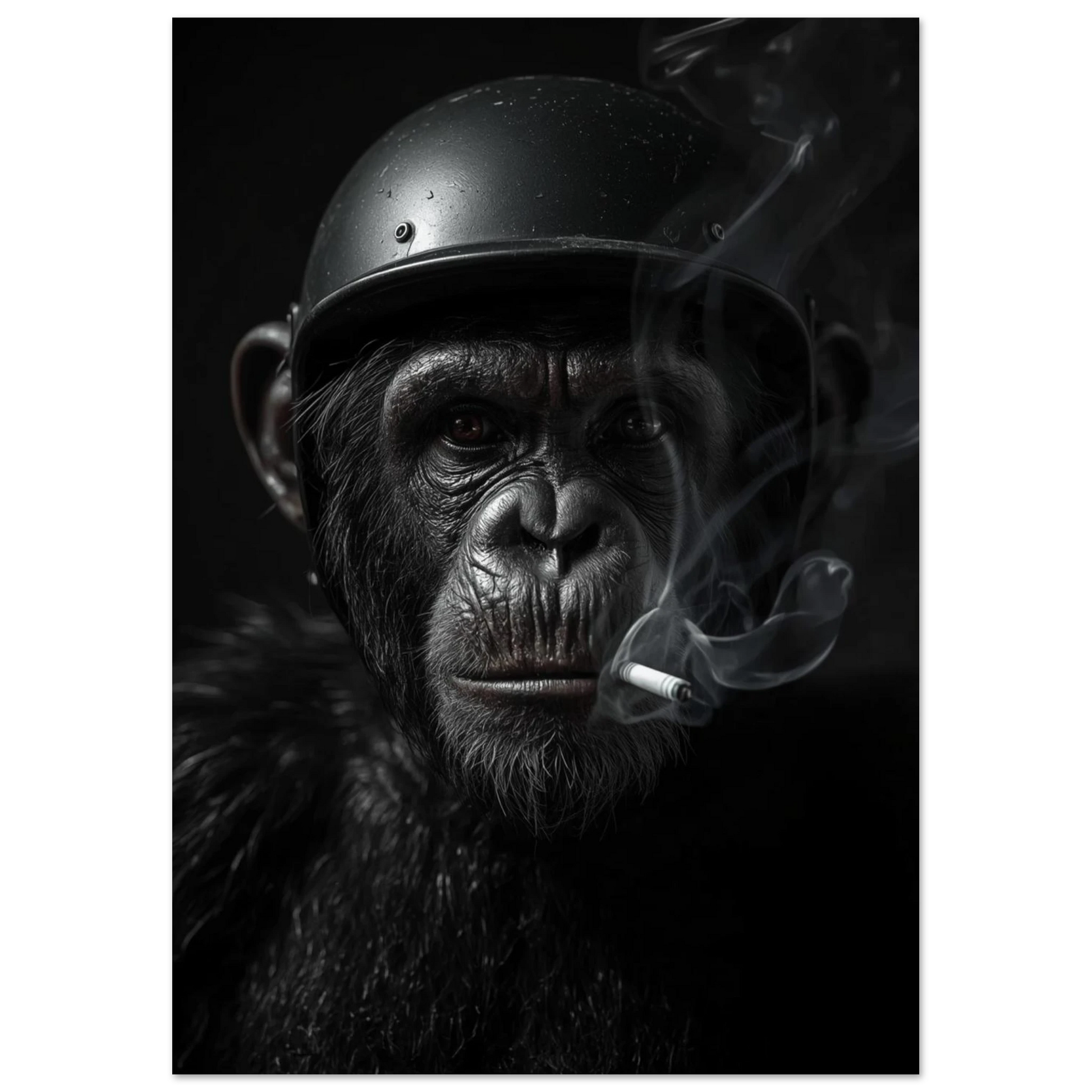 Rebellisk schimpansposter med rökutveckling och mörk bakgrund – fotokonst