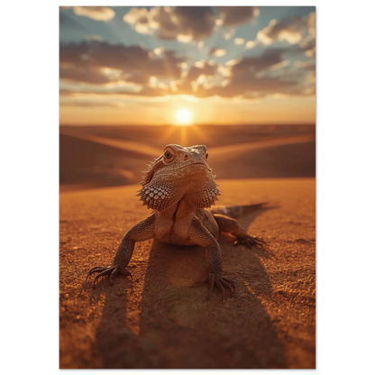Majestätisk reptil i ett vackert ökenlandskap med gyllene skyar – fotorealistisk poster