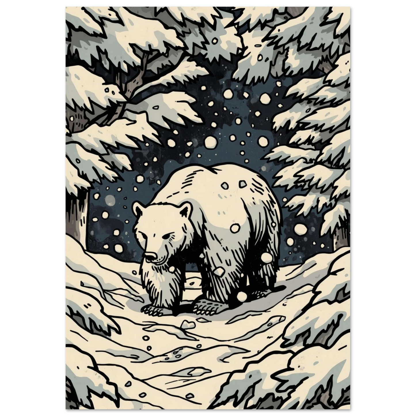 Närbild på björnposter med stiliserad snö och mörka kontraster