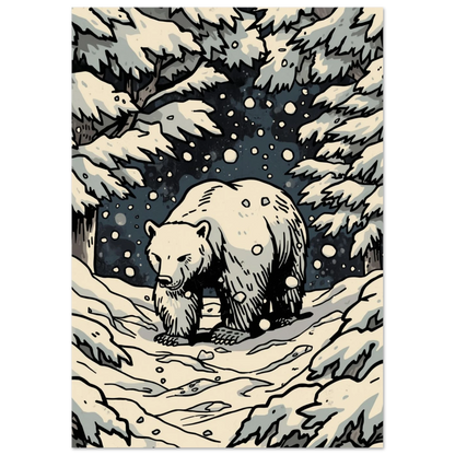 Närbild på björnposter med stiliserad snö och mörka kontraster