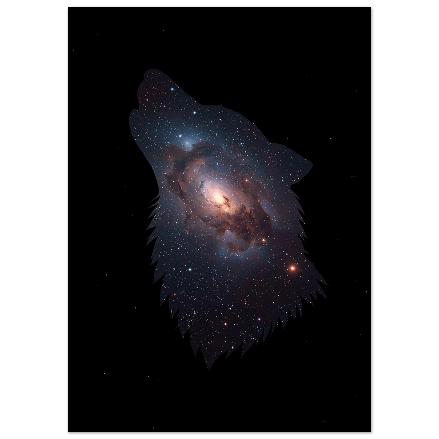 Kosmisk vargsiluett med nebulosa och gnistrande stjärnhimmel på svart bakgrund