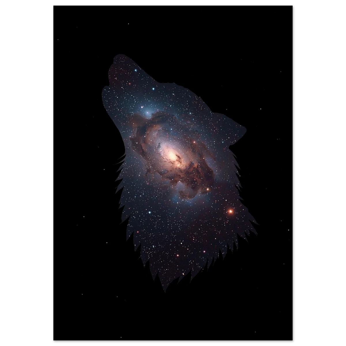 Kosmisk vargsiluett med nebulosa och gnistrande stjärnhimmel på svart bakgrund