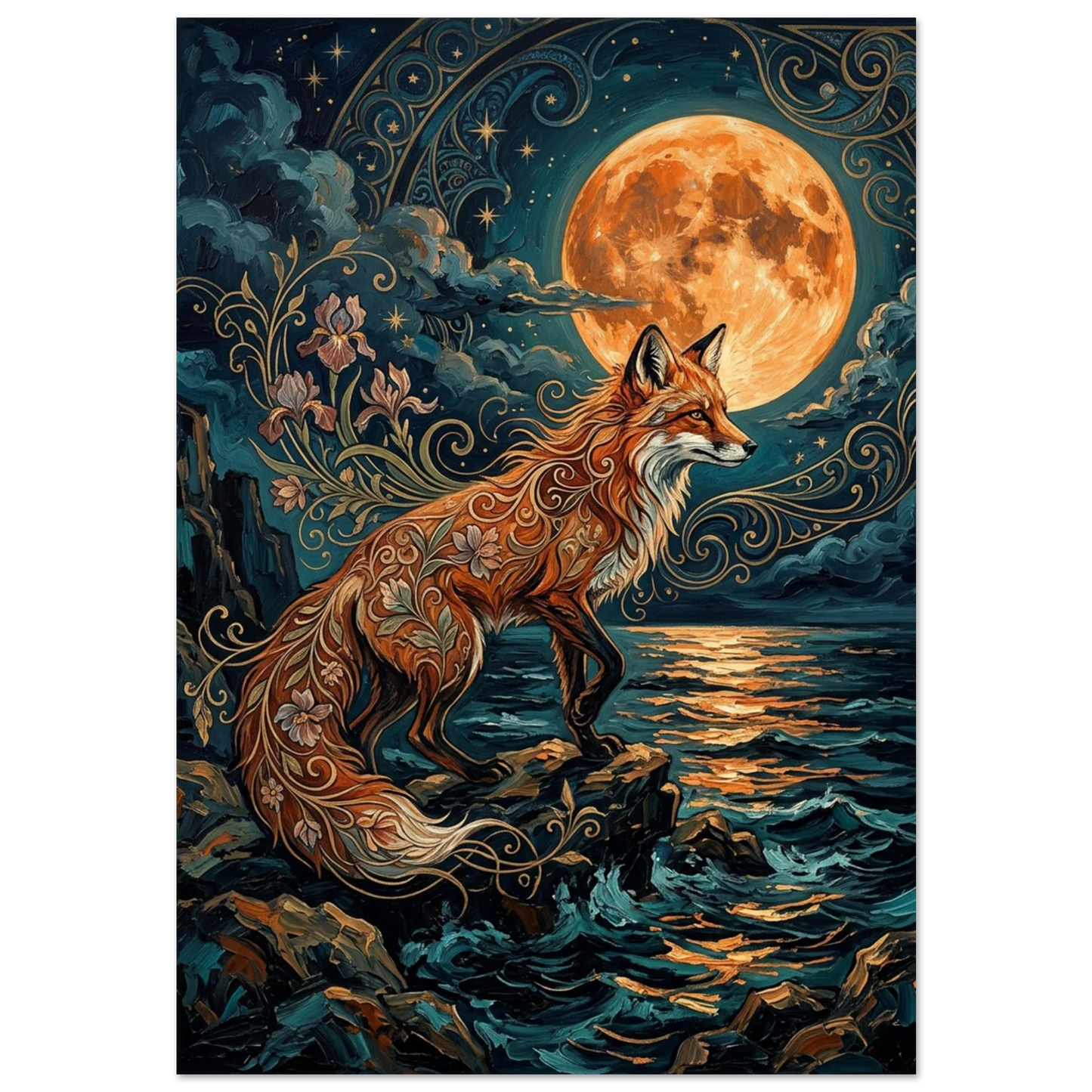 Art Nouveau-poster med räv, blommönster och fullmåne över mörkt hav