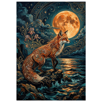 Art Nouveau-poster med räv, blommönster och fullmåne över mörkt hav