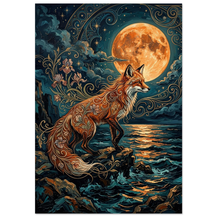 Art Nouveau-poster med räv, blommönster och fullmåne över mörkt hav
