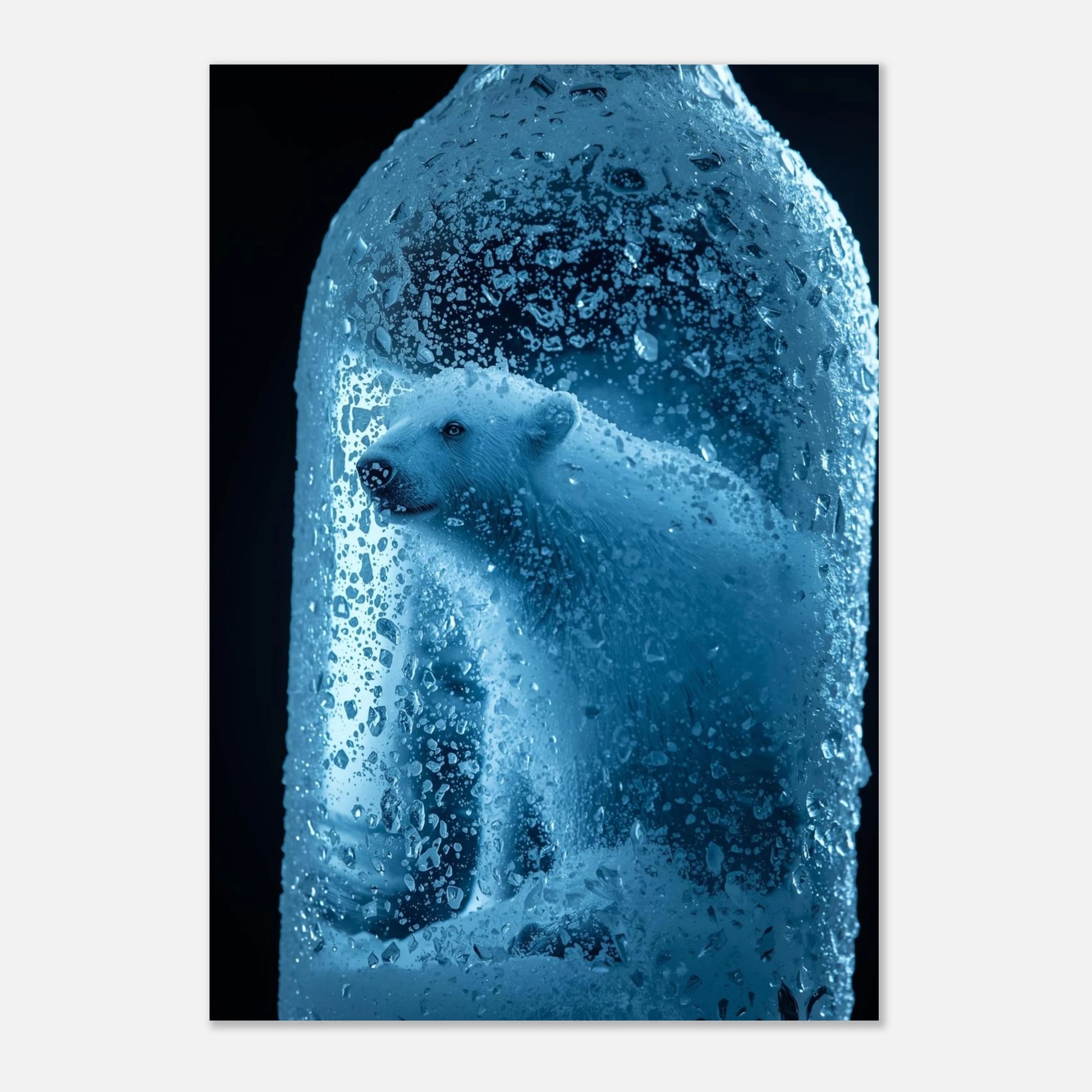 Surrealistiskt print av en isbjörn i en isflaska, blå färgskala
