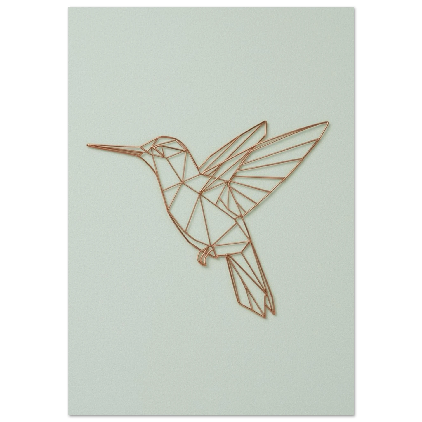 Geometrisk kolibri i kopparfärgad linjekonst mot mintgrön bakgrund – modern djurposter