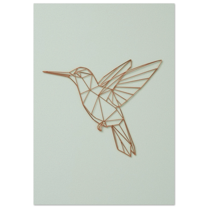 Geometrisk kolibri i kopparfärgad linjekonst mot mintgrön bakgrund – modern djurposter