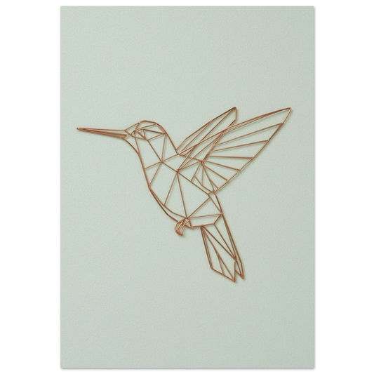 Geometrisk kolibri i kopparfärgad linjekonst mot mintgrön bakgrund – modern djurposter